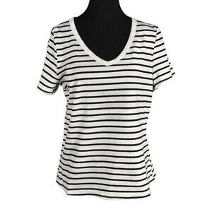 NWT | Lilycoco White & Black Striped V-Neck T-Shirt | Size M